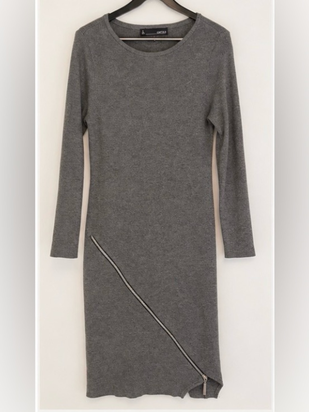 Chetta B Grey Ribbed Knit Midi Dress Diagonal Zip Slit Size M